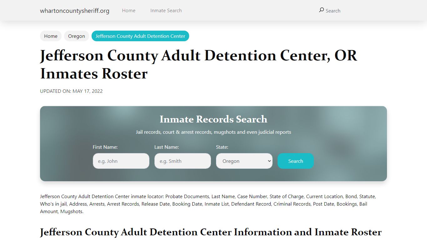 Jefferson County Adult Detention Center, OR Jail Roster ...
